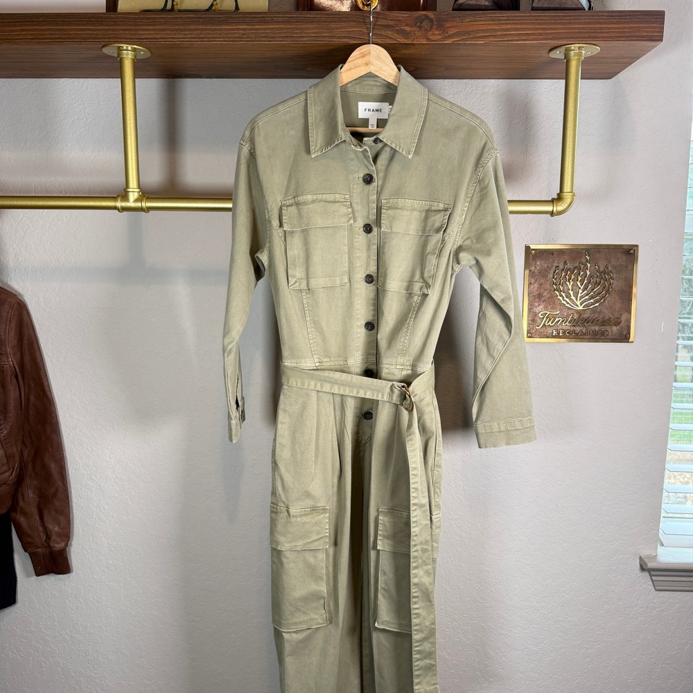FRAME Washed Olive Green Utility Cargo Belted Jumpsuit BJMP999‎ Womens XS - Picture 2 of 10